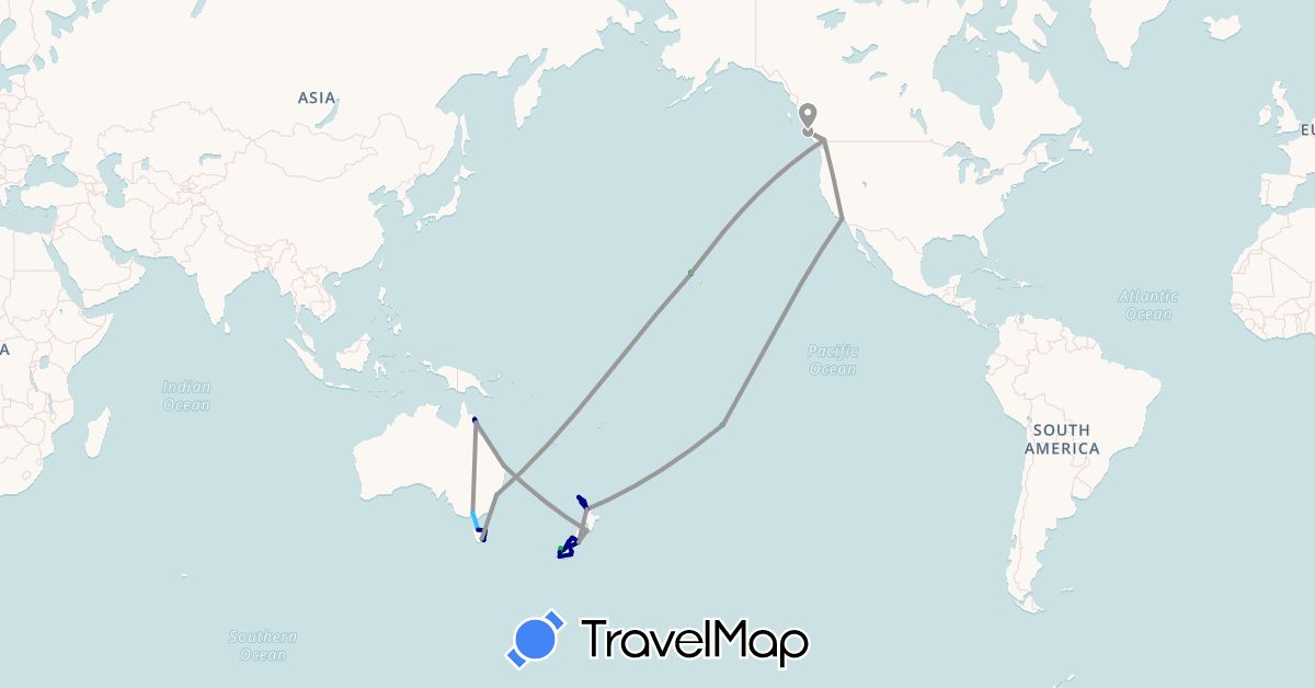 TravelMap itinerary: driving, bus, plane, train, boat in Australia, Canada, New Zealand, French Polynesia, United States (North America, Oceania)
